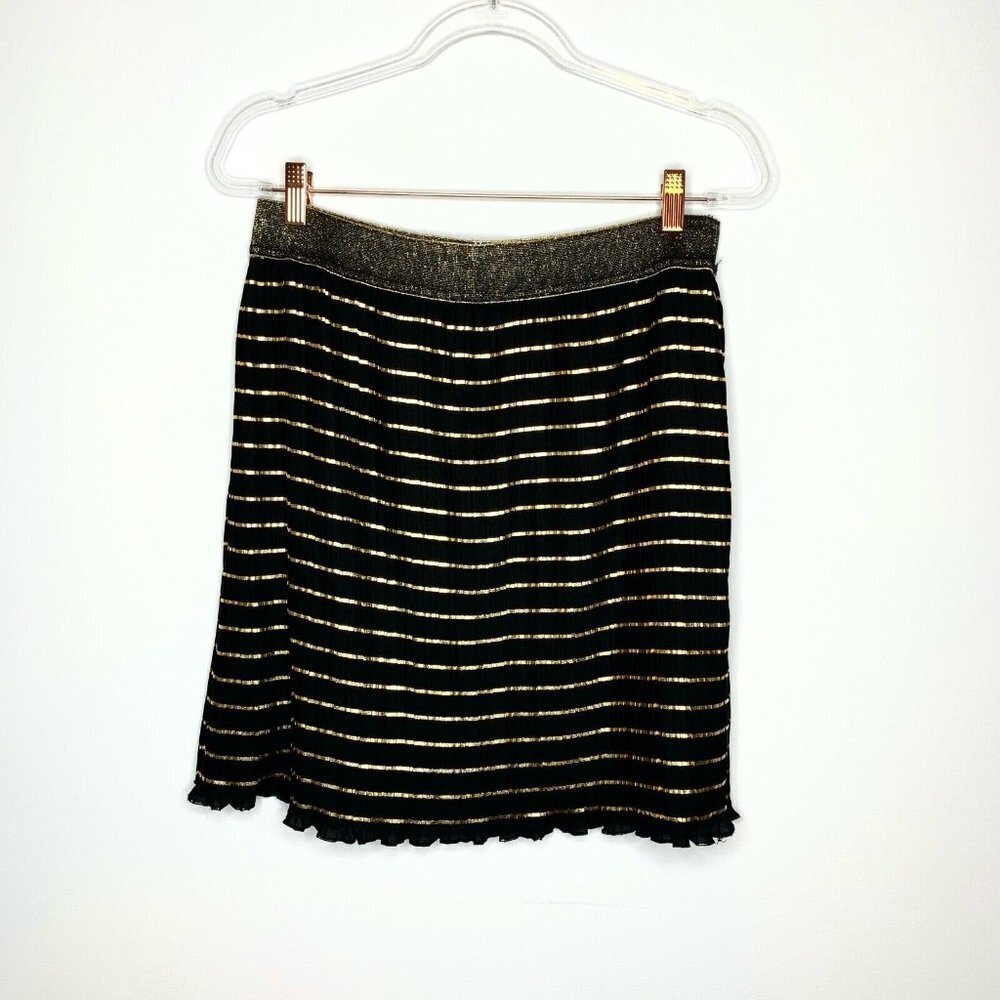 Esqualo Skirt Women 8 Black Gold Stripe Metallic Elastic Waist Pleated Lined NWT